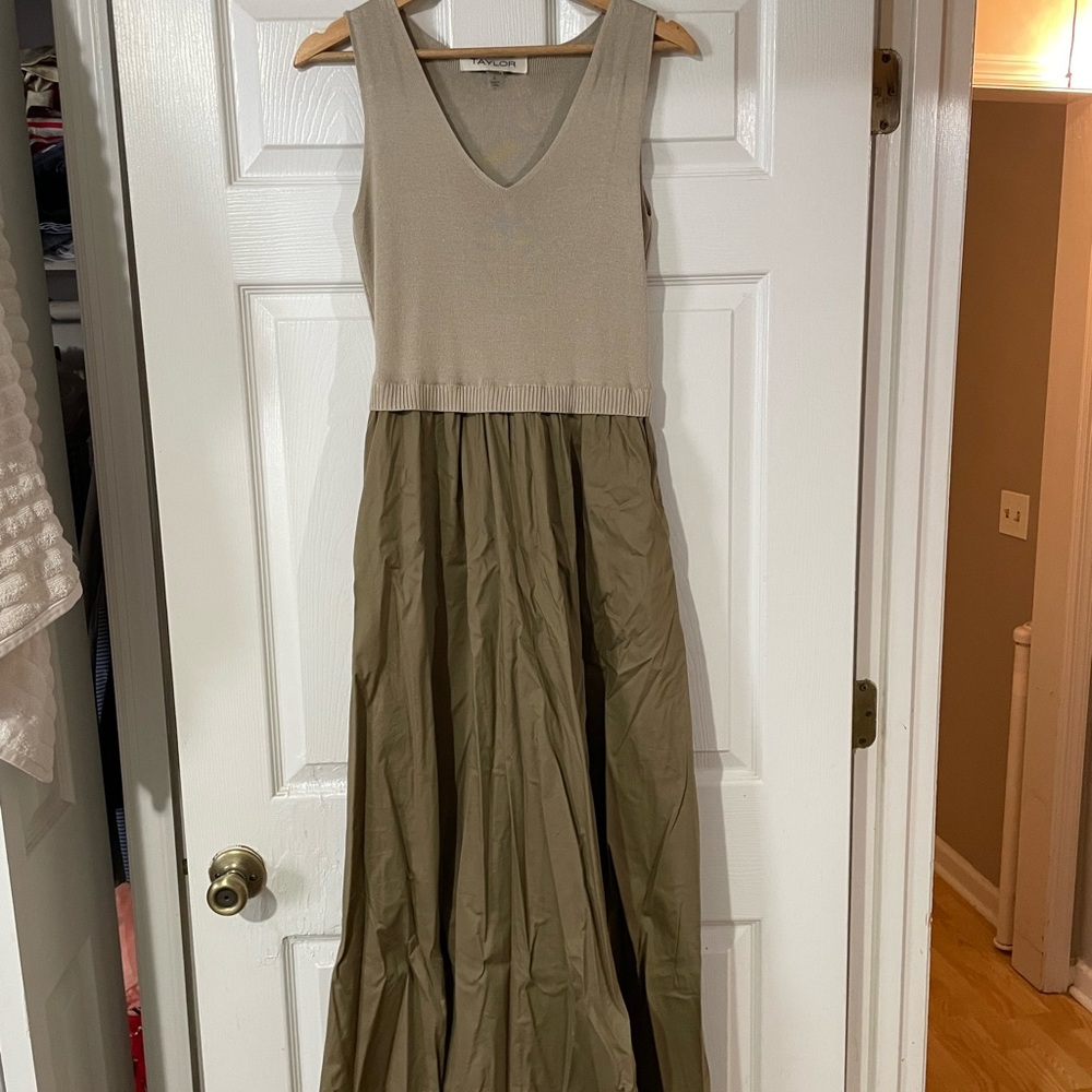 Taylor Sleeveless Maxi Dress in Beige Knit Top and Olive Skirt